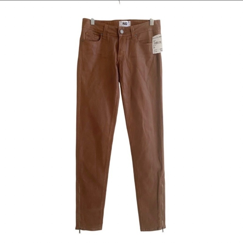 Paige Nutmeg Brown Coated Skinny Pants Ankle Zip Low Rise Women 24 NWT‎